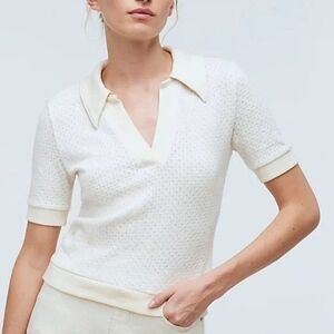 Madewell Womens LG Ivory Collared Pointelle Sweater Tee Preppy Boyfriend Golf